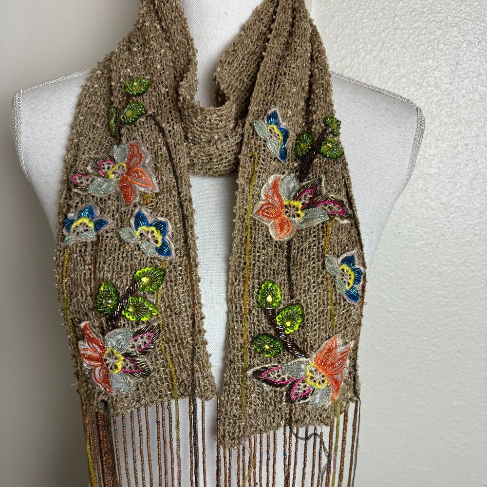 Vintage 90s Beaded Embroidery Art Long Scarf Fringe